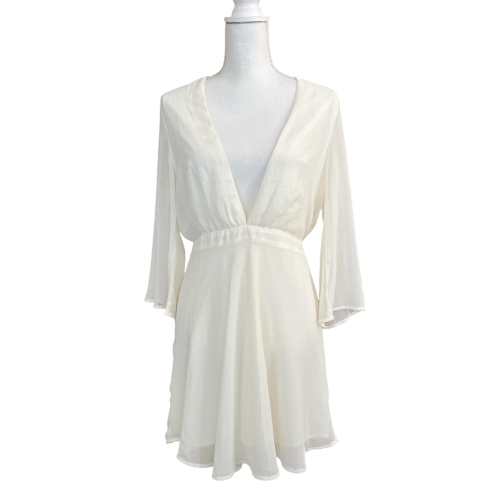 TOBI Plunging Neckline Sheer Long Sleeve Mini Dress